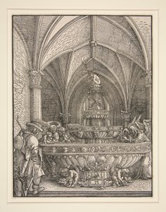 De Heilige Familie op de vlucht naar Egypte bij een Fontein door Albrecht Altdorfer