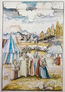 De toekomstige keizer Maximiliaan I, geleid door zijn vader Friedrich III, ontmoet zijn bruid, Maria van Bourgondië, in Neuss ... door Albrecht Altdorfer