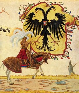 Triomfantelijke optocht van keizer Maximiliaan, scène: keizerlijke banier en zwaard, detail door Albrecht Altdorfer