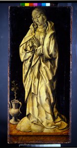 Vroeger de vleugels van een drieluik, een paar, vrouwelijke figuren die wijsheid en vrijgevigheid personifiëren, met de annunciatie (paneel; en grisaille verso) door Albrecht Bouts