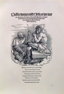 Een Romeinse soldaat bespot Christus, met de naam van de kunstenaar in het Latijn erboven, en daaronder een gedicht dat de mens berispt voor zijn zonden, titelpagina van de serie De Grote Passie, uitgegeven 1511 door Albrecht Dürer