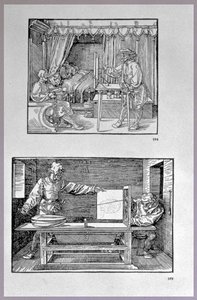 Apparaat voor het vertalen van driedimensionale objecten naar tweedimensionale tekeningen, twee scènes uit het eerste technische boek van de kunstenaar Inleiding in de Kunst van het Meten met Kompas en Liniaal door Albrecht Dürer
