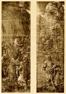 Draag van het kruis en Christus met de overwinningsvlag door Albrecht Dürer