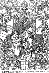 Conrad Celtes presenteert zijn boek Quatuor Libri Amorum aan Maximiliaan I, 1502 door Albrecht Dürer