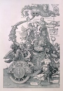 Ontwerp voor De Grote Triomfwagen van Keizer Maximiliaan I: detail met de Deugden die een krans op het hoofd van de Keizer plaatsen, gepland door Willibald Pirckheimer, uitgegeven c.1518 door Albrecht Dürer