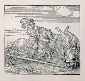 Keizer Maximiliaan I van Duitsland (1459-1519) werpt een tegenstander uit het zadel in een steekspel, uit een ongepubliceerd boek dat de ridderlijke daden van de keizer verheerlijkt, c.1515 door Albrecht Dürer