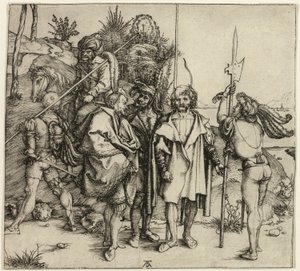 Vijf Landsknechten en een Oosterse Man te Paard door Albrecht Dürer