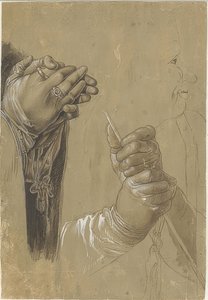 Handen en een hoofd in profiel door Albrecht Dürer