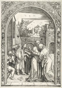 Leven van de Maagd: Joachim en Anna omhelzen elkaar onder de Gouden Poort door Albrecht Dürer