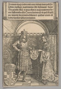 Maximiliaan en Maria van Bourgondië, plaat 2 uit Historische scènes uit het leven van keizer Maximiliaan I uit de Triomfboog door Albrecht Dürer