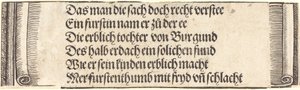 Gedrukte tekst voor De verloving van Maximiliaan met Maria van Bourgondië, 1515 door Albrecht Dürer
