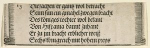 Gedrukte tekst voor "De Verloving van Filips de Schone met Johanna van Castilië" door Albrecht Dürer
