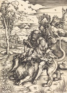 Simson vecht met de leeuw, ca. 1497-1498 door Albrecht Dürer