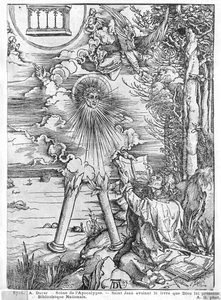 Scène uit de Apocalyps, St. Johannes die het Boek verslindt, Latijnse editie, 1511