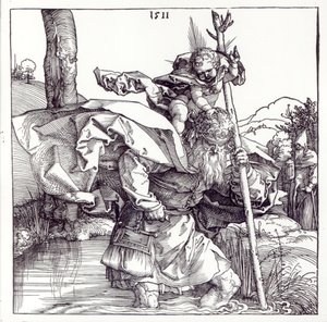 Sint-Christoffel draagt het Christuskind, 1511 (houtsnede) (zw foto) door Albrecht Dürer