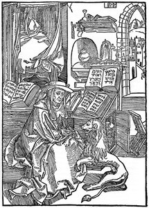 St. Jerome in zijn studeerkamer trekt een doorn uit de poot van een leeuw door Albrecht Dürer