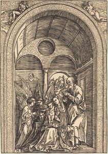 De Heilige Familie met Twee Engelen in een Gewelfde Hal door Albrecht Dürer