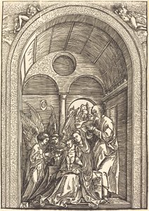 De Heilige Familie met Twee Engelen in een Gewelfde Hal door Albrecht Dürer