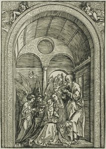 De Heilige Familie met twee engelen in een gewelfde hal door Albrecht Dürer