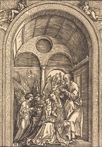 De Heilige Familie met Twee Engelen in een Gewelfde Hal, ca. 1504 door Albrecht Dürer