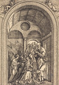 De Heilige Familie met Twee Engelen in een Gewelfde Hal, ca. 1504 door Albrecht Dürer