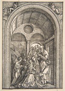 De Heilige Familie met Twee Engelen in een Gewelfde Hal door Albrecht Dürer