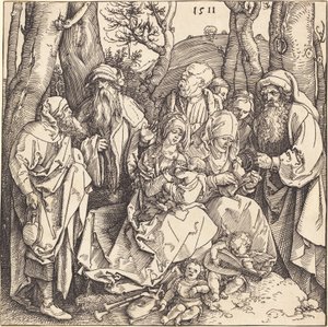 De Heilige Familie met twee muziekmakende engelen door Albrecht Dürer
