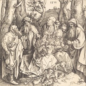 De Heilige Familie met twee muziekmakende engelen door Albrecht Dürer