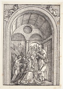 De Heilige Familie met twee engelen in een gewelfde hal door Albrecht Dürer
