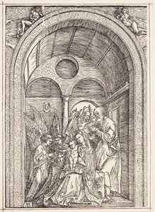 De Heilige Familie met twee engelen in een gewelfde hal door Albrecht Dürer
