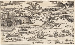 De belegering van een vesting (alleen linkerzijde, van 2 blokken) door Albrecht Dürer