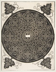 De derde knoop. Gevlochten rondel met acht kransen en een geschulpte schild in het midden door Albrecht Dürer