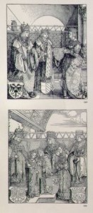 De Triomfboog van Keizer Maximiliaan I (1459-1519): detail met twee panelen boven de linkerpoort die gebeurtenissen uit het leven van Keizer Maximiliaan tonen, uitgegeven 1517-28 door Albrecht Dürer