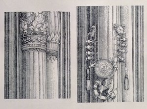 De Triomfboog van Keizer Maximiliaan I van Duitsland (1459-1519): twee details van de centrale Poorten van Eer en Macht met linkerzuil en kapiteelversieringen, gedateerd 1515, uitgegeven 1517-18 door Albrecht Dürer