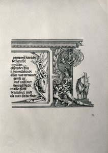 De Triomfboog van Keizer Maximiliaan I van Duitsland: detail van een hertenhuid met een inscriptie en een geit