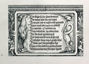 De Triomfboog van Keizer Maximiliaan I van Duitsland: detail van een leeuwenhuid met een inscriptie door Albrecht Dürer
