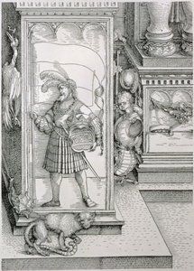 De Triomfboog van Keizer Maximiliaan I van Duitsland: detail van een portaalzuil met een reliëf van een man met een standaard en een gekroond wapen