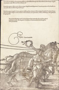 De triomfwagen van Maximiliaan I (De grote triomfwagen) [plaat 3 van 8] door Albrecht Dürer