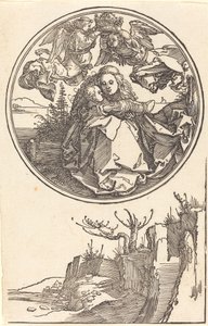 De Maagd gekroond door twee engelen boven een landschap door Albrecht Dürer