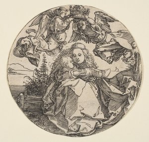 De Maagd en het Kind gekroond door twee engelen boven een landschap, ca. 1504 door Albrecht Dürer
