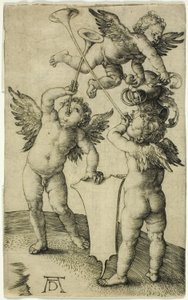 Drie putti met schild en helm