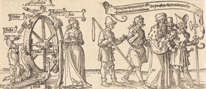 Tijd en een vos die het rad van fortuin draait met mensen van alle rangen aan de rechterkant, waarschijnlijk 1526 door Albrecht Dürer