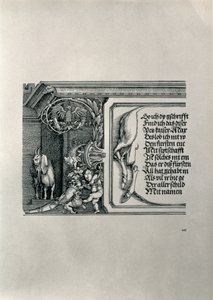 Triomfboog van Keizer Maximiliaan I van Duitsland: detail van een hertenhuid met een inscriptie en een geit door Albrecht Dürer