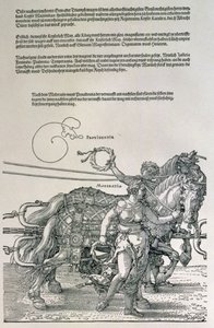 Triomfwagen van keizer Maximiliaan I van Duitsland (1459-1519): detail van de paardenteams, geleid door twee deugden, Voorzienigheid en Matiging, gepubliceerd ca.1518 door Albrecht Dürer