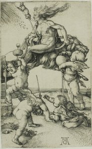 Heks die achteruit op een geit rijdt door Albrecht Dürer