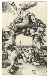 Heks die achterstevoren op een geit rijdt, ca. 1505 door Albrecht Dürer