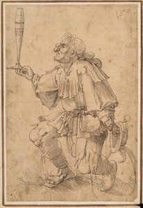 Een groteske man knielend, met een hoog bierglas aan de basis door Albrecht Dürer