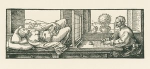 Een man tekent een liggende vrouw door Albrecht Dürer or Duerer