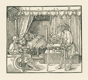 Een kunstenaar tekent een zittende man op een glasplaat door een vizier door Albrecht Dürer or Duerer