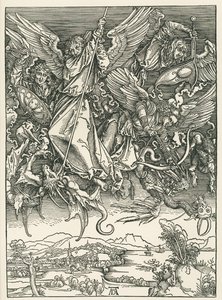 Aartsengel Michael vecht tegen de draak. De Openbaring van Johannes, c.1498 (houtsnede) door Albrecht Dürer or Duerer
